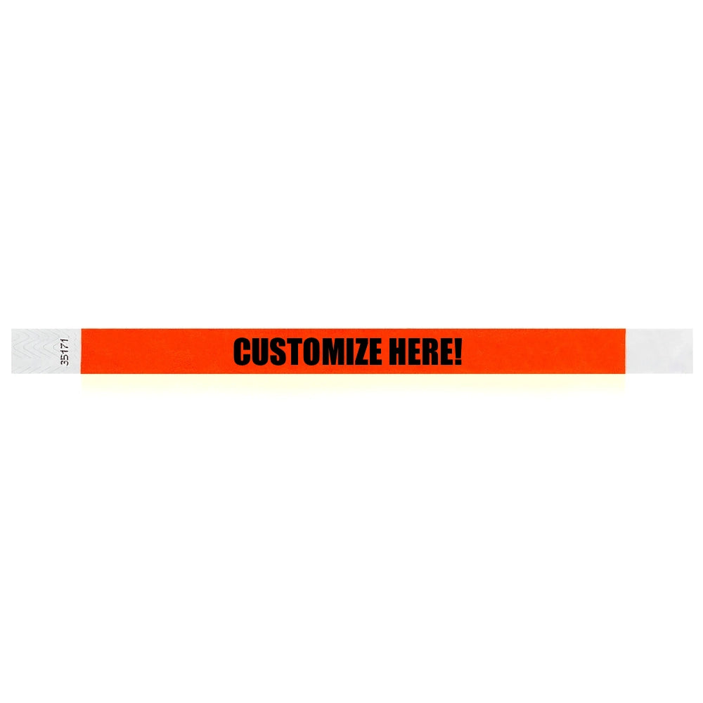 Neon red tyvek wristband with text "CUSTOMIZE HERE!" - shown in flat
