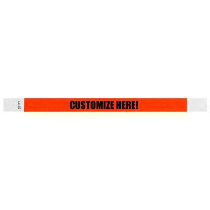 Neon red tyvek wristband with text "CUSTOMIZE HERE!" - shown in flat