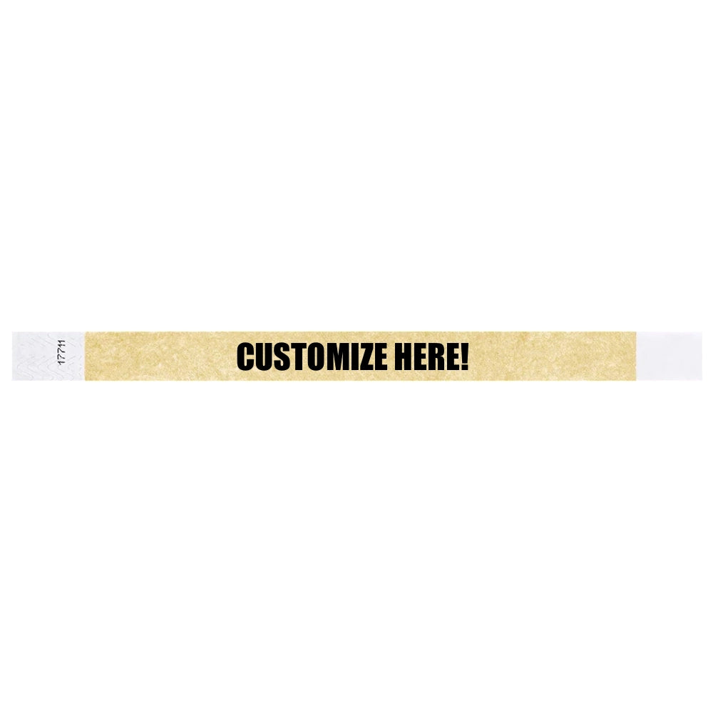 gold tyvek wristband with text "CUSTOMIZE HERE!" - shown in flat
