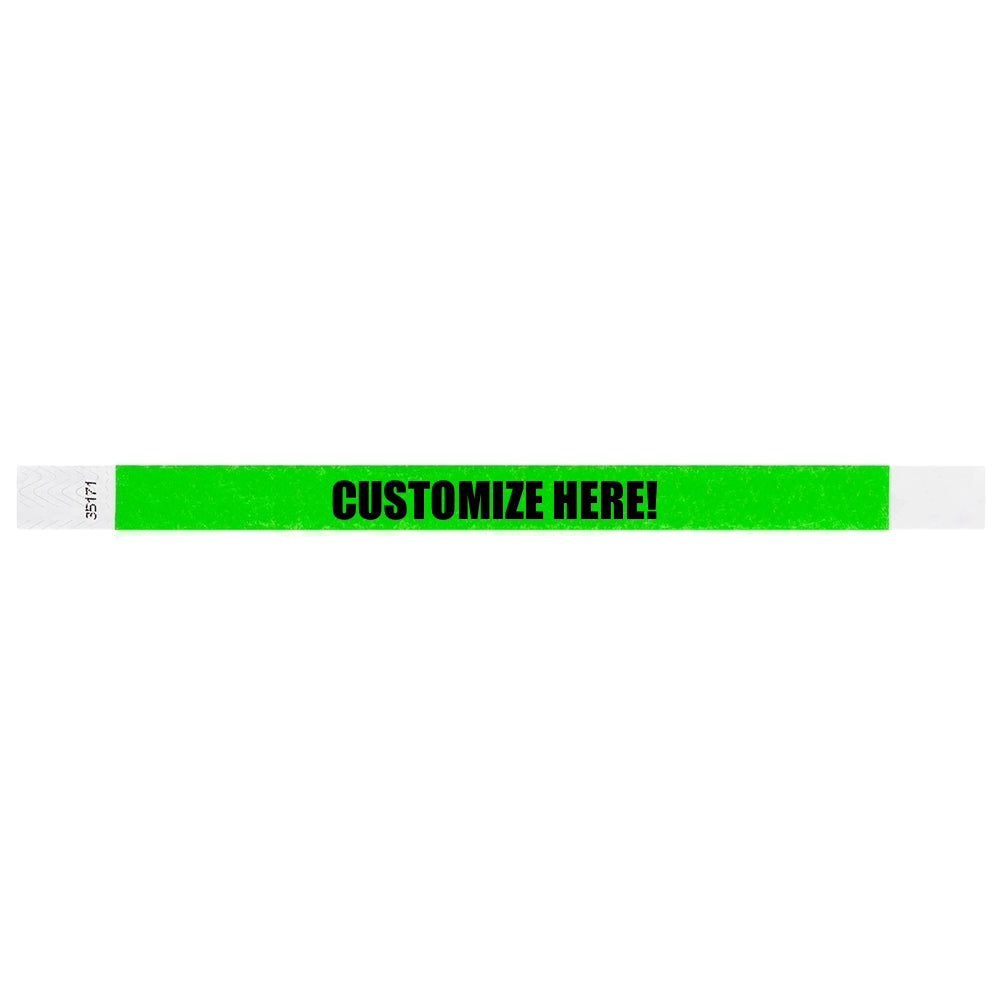 Neon green tyvek wristband with text "CUSTOMIZE HERE!" - shown in flat