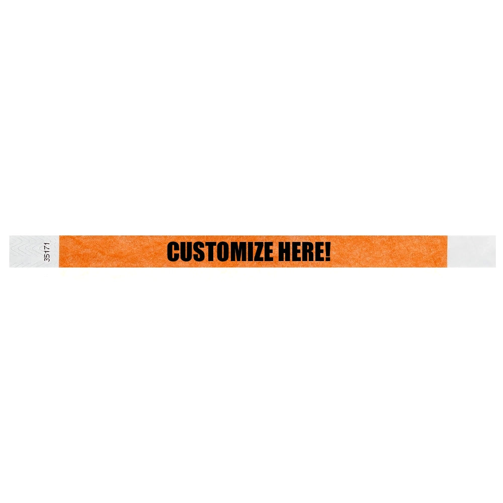 Neon orange tyvek wristband with text "CUSTOMIZE HERE!" - shown in flat