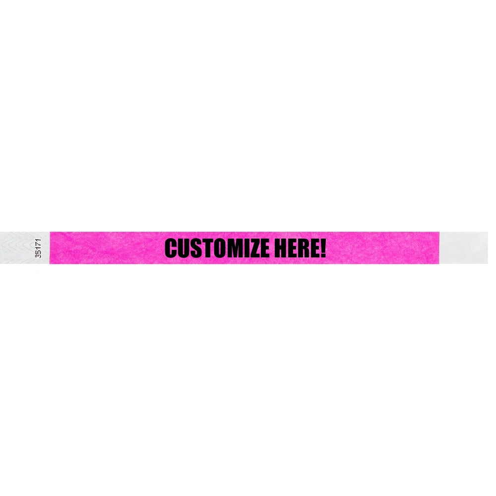 Neon pink tyvek wristband with text "CUSTOMIZE HERE!" - shown in flat