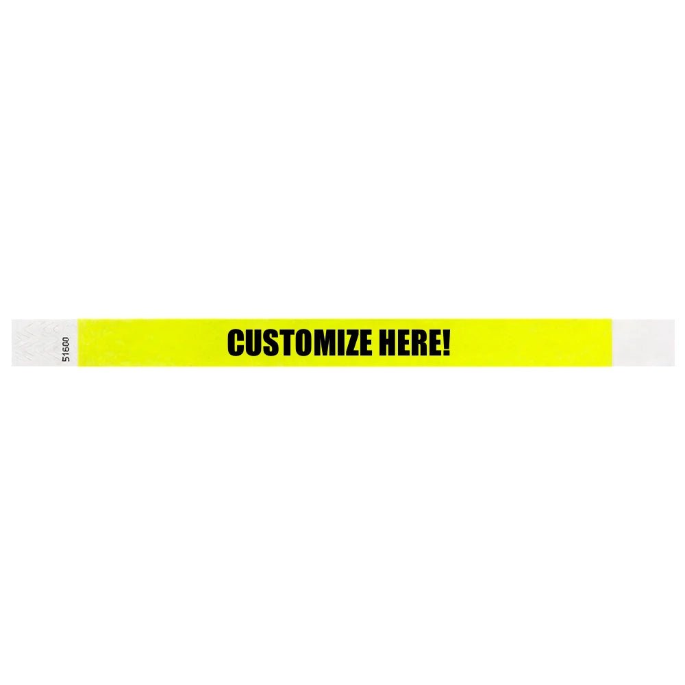 Neon yellow tyvek wristband with text "CUSTOMIZE HERE!" - shown in flat 