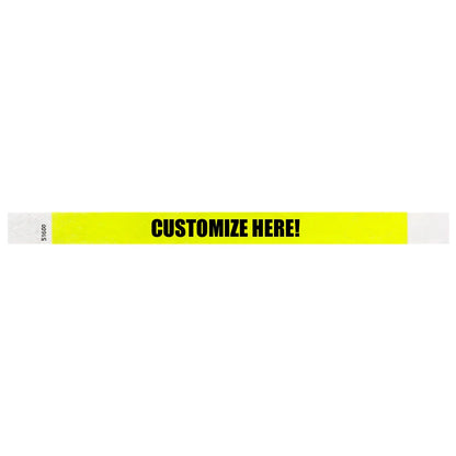 Neon yellow tyvek wristband with text "CUSTOMIZE HERE!" - shown in flat 