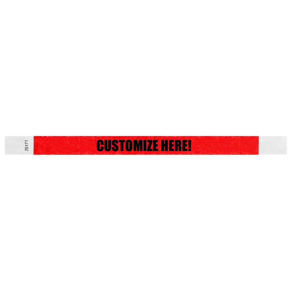 Neon red tyvek wristband with text "CUSTOMIZE HERE!" - shown in flat 
