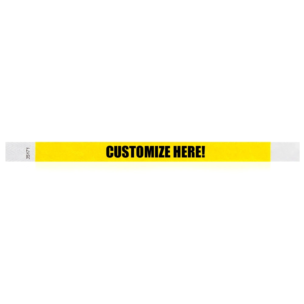 Pantone yellow tyvek wristband with text "CUSTOMIZE HERE!" - shown in flat 