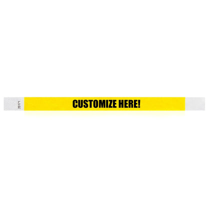 Pantone yellow tyvek wristband with text "CUSTOMIZE HERE!" - shown in flat 