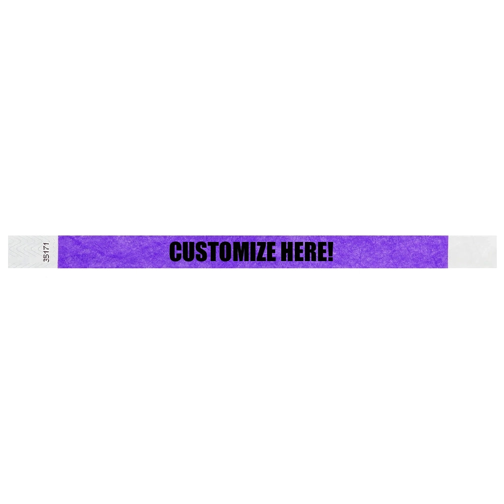 Purple tyvek wristband with text "CUSTOMIZE HERE!" - shown in flat 