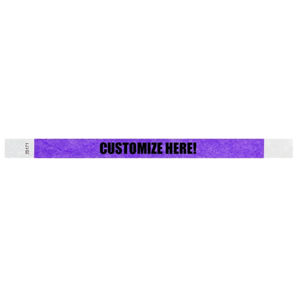 Purple tyvek wristband with text "CUSTOMIZE HERE!" - shown in flat 
