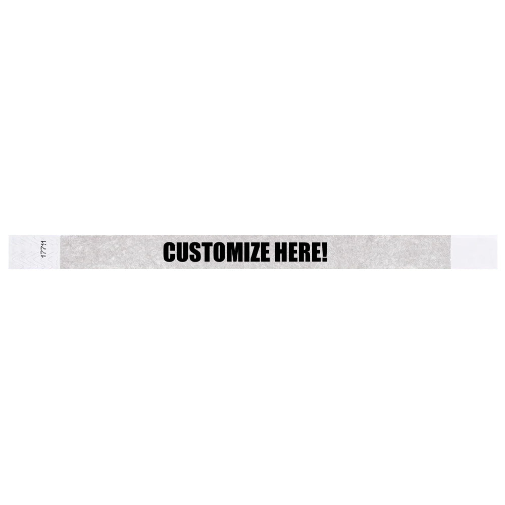 Silver tyvek wristband with text "CUSTOMIZE HERE!" - shown in flat 