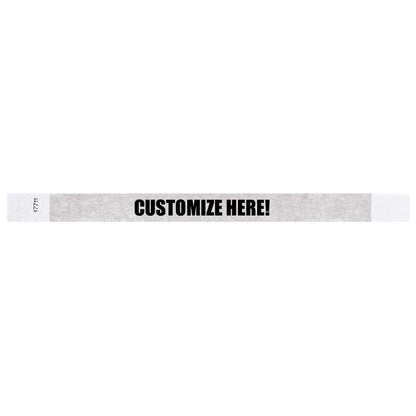 Silver tyvek wristband with text "CUSTOMIZE HERE!" - shown in flat 