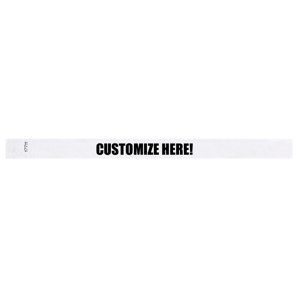 White tyvek wristband with text "CUSTOMIZE HERE!" - shown in flat 