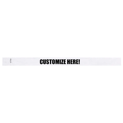 White tyvek wristband with text "CUSTOMIZE HERE!" - shown in flat 