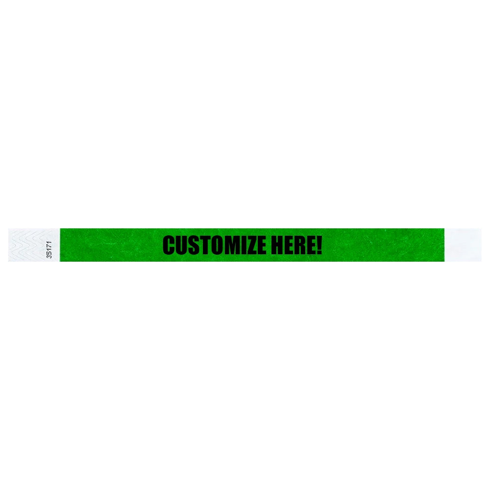 Kelly green tyvek wristband with text "CUSTOMIZE HERE!" - shown in flat 