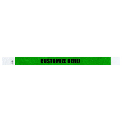 Kelly green tyvek wristband with text "CUSTOMIZE HERE!" - shown in flat 