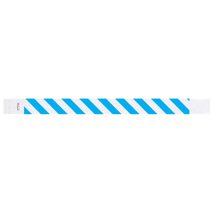 White tyvek wristband with neon blue diagonal stripes - flat version shown