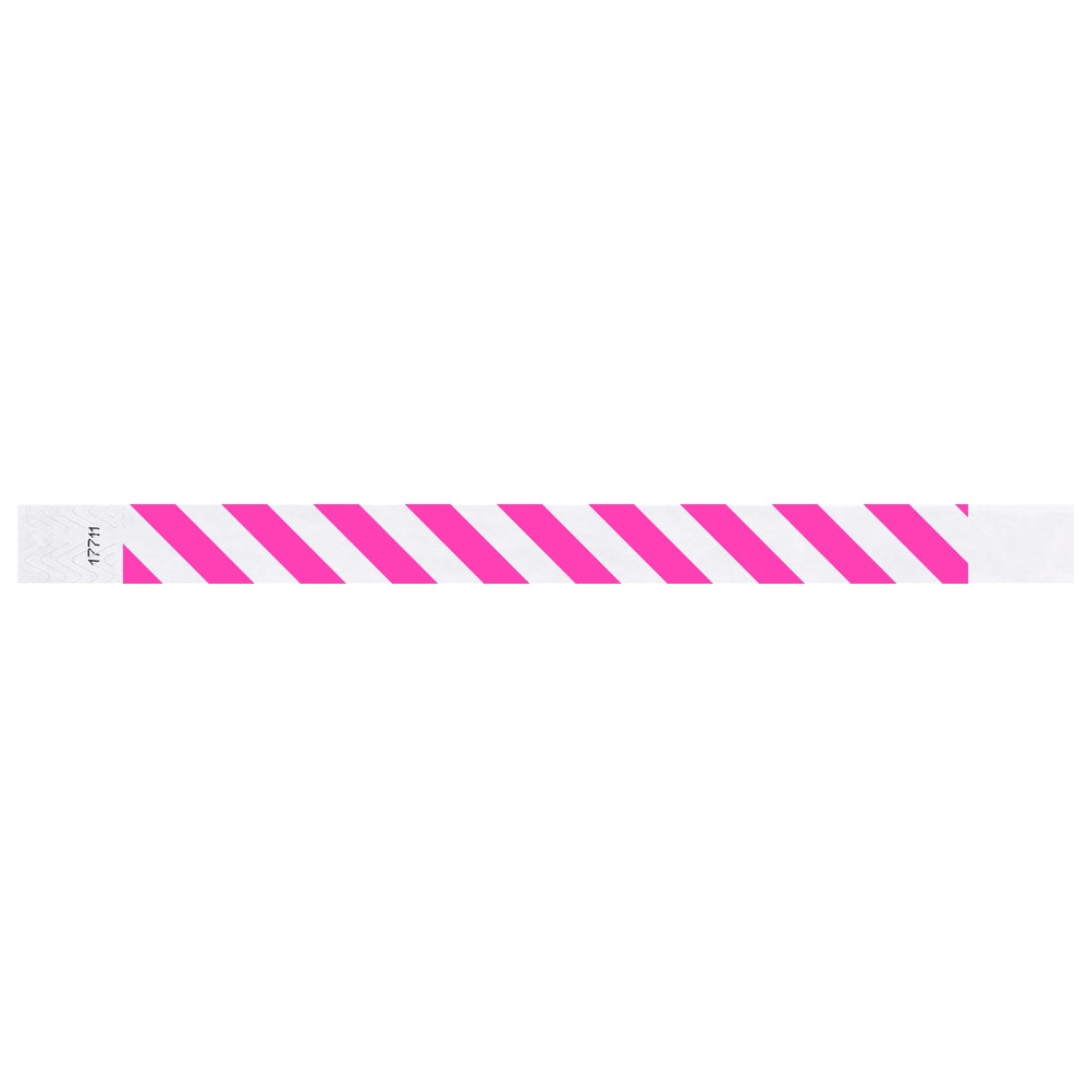 White tyvek wristband with neon pink diagonal stripes - flat version shown