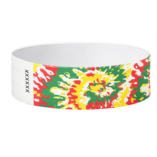 tyvek 3/4 wristband in a tie dye pattern in green, red, white and yellow - shown in round 