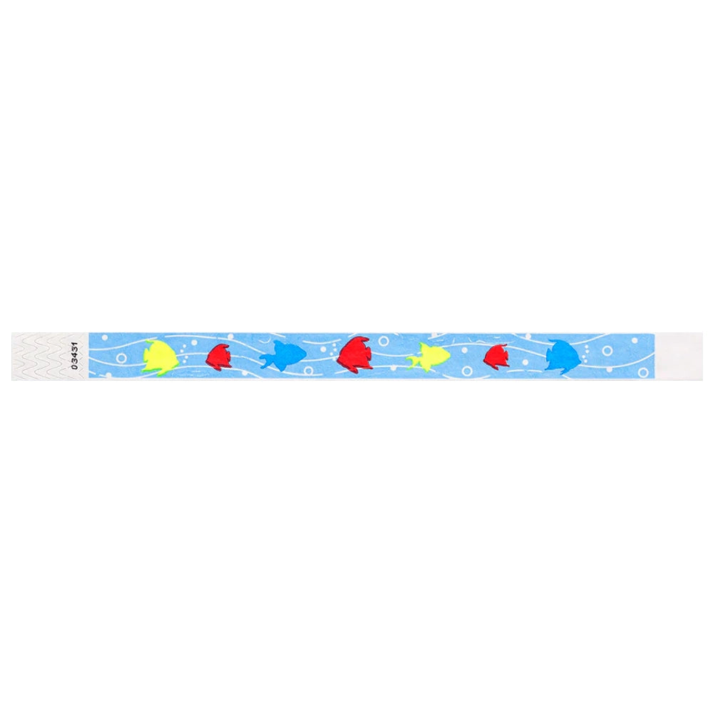 sky blue tyvek wristband with neon blue, neon red and neon yellow fish - flat version shown