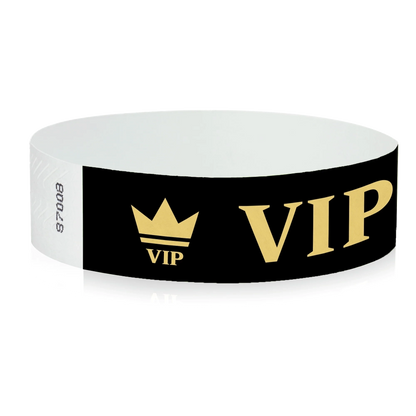 Black wristband with text "VIP" and a crown printed in gold - shown in round 