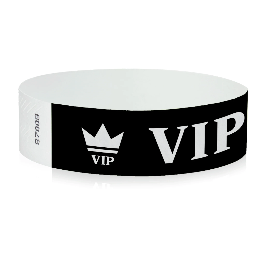 Black wristband with text "VIP" and a crown printed in silver - shown in round 