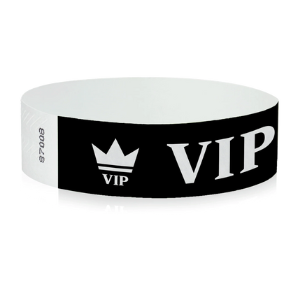 Black wristband with text "VIP" and a crown printed in silver - shown in round 