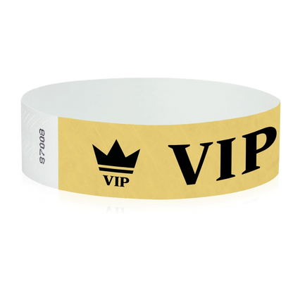 Gold wristband with text "VIP" and a crown printed in black - shown in round 