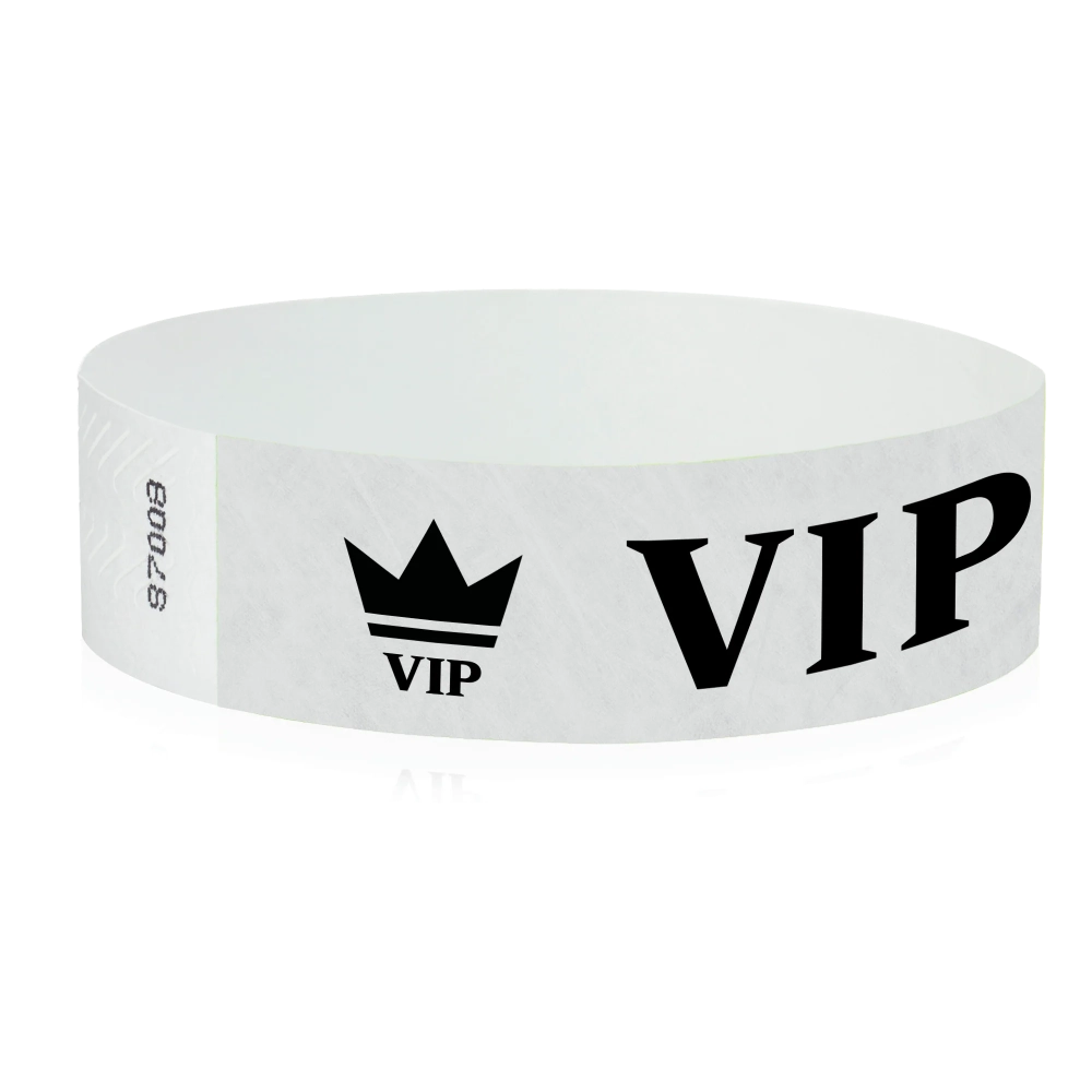 Silver wristband with text "VIP" and a crown printed in black - shown in round 