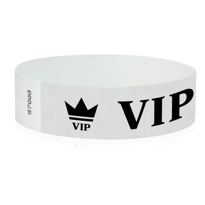 Silver wristband with text "VIP" and a crown printed in black - shown in round 