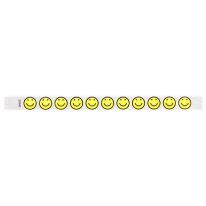 white tyvek Wristband with neon yellow smiley face designs outlined in black - flat version shown