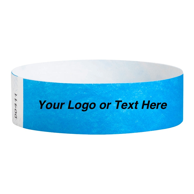 neon Blue tyvek wristband showing the area you can customize it with your logo or text