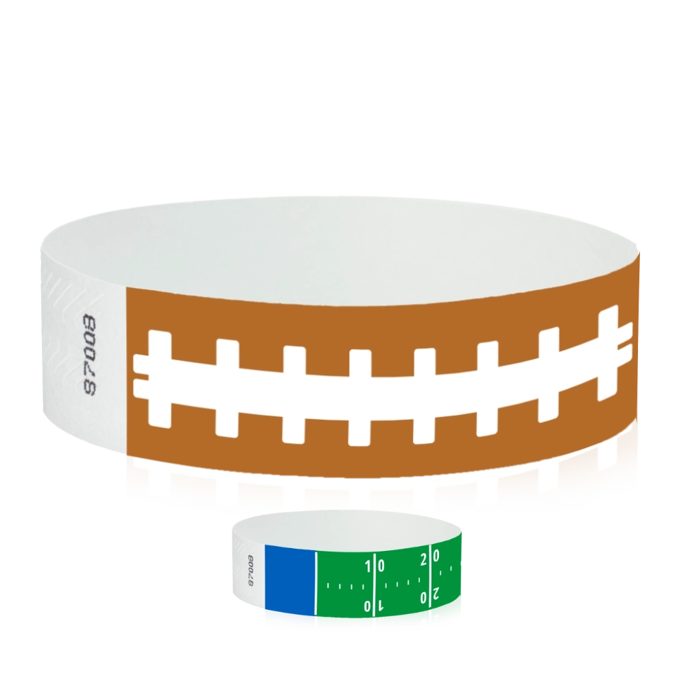 tyvbek 3/4" wristbands shown in football pattern and a football field pattern