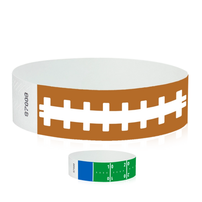 tyvbek 3/4" wristbands shown in football pattern and a football field pattern