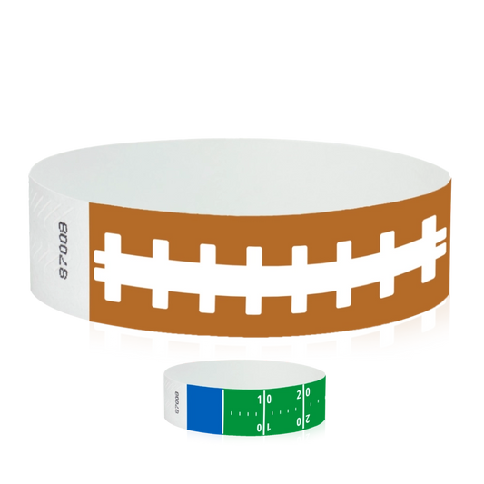 tyvbek 3/4" wristbands shown in football pattern and a football field pattern
