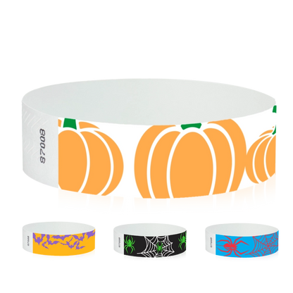 tyvek 3/4" wristbands in pumpkin patch, bats, spooky spiders and spider web patterns