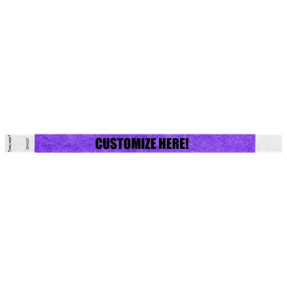 purple litter free tyvek wristband with text "customize here!" in black - shown in flat 