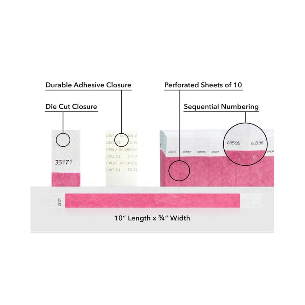detailed information about product showing a durable die cut adhesive closure, sequential numbering and perforated sheets of 10 on tyvek 3/4" wristbands shown in solid cranberry 