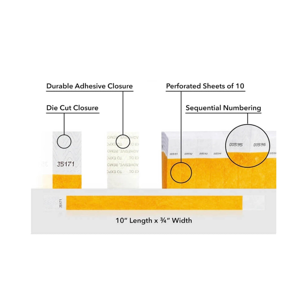 detailed information about product showing a durable die cut adhesive closure, sequential numbering and perforated sheets of 10 on tyvek 3/4" wristbands shown in solid goldenrod