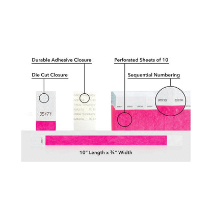 detailed information about product showing a durable die cut adhesive closure, sequential numbering and perforated sheets of 10 on tyvek 3/4" wristbands shown in solid neon pink