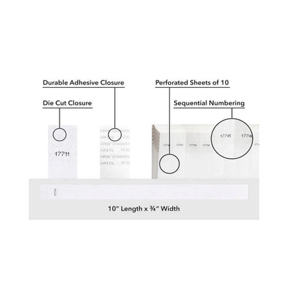 detailed information about product showing a durable die cut adhesive closure, sequential numbering and perforated sheets of 10 on tyvek 3/4" wristbands shown in solid white 