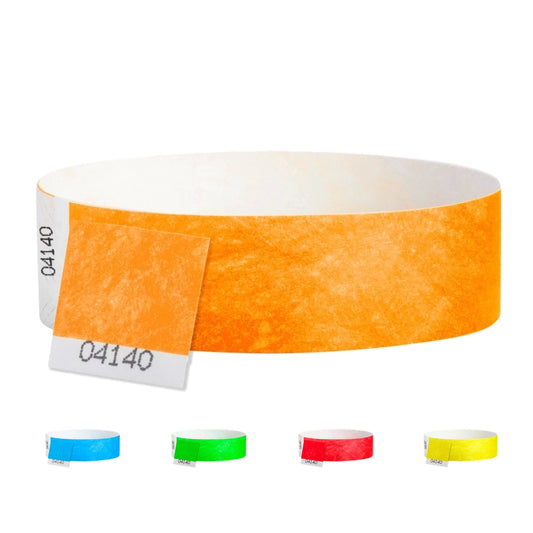 Tyvek detacheble stub wristband in neon orange version in the middle, with four smaller versions under - in neon blue, neon green, neon red and neon yellow. 
