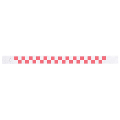tyvek wristband with a coral red and white checkerboard pattern - flat version shown
