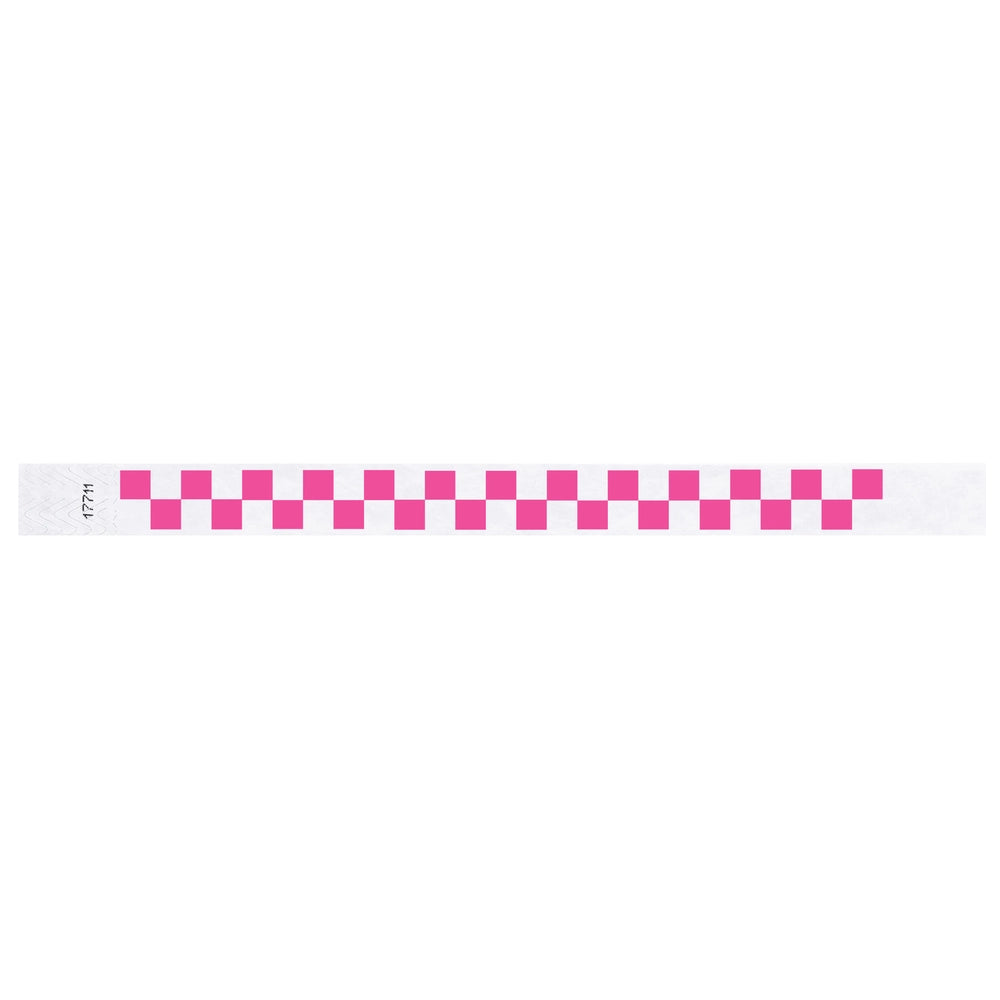tyvek wristband with a neon pink and white checkerboard pattern - flat version shown