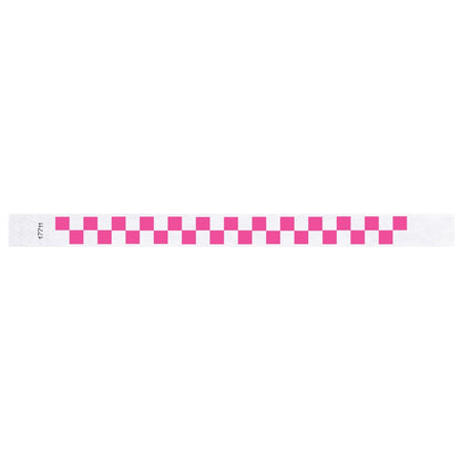 tyvek wristband with a neon pink and white checkerboard pattern - flat version shown