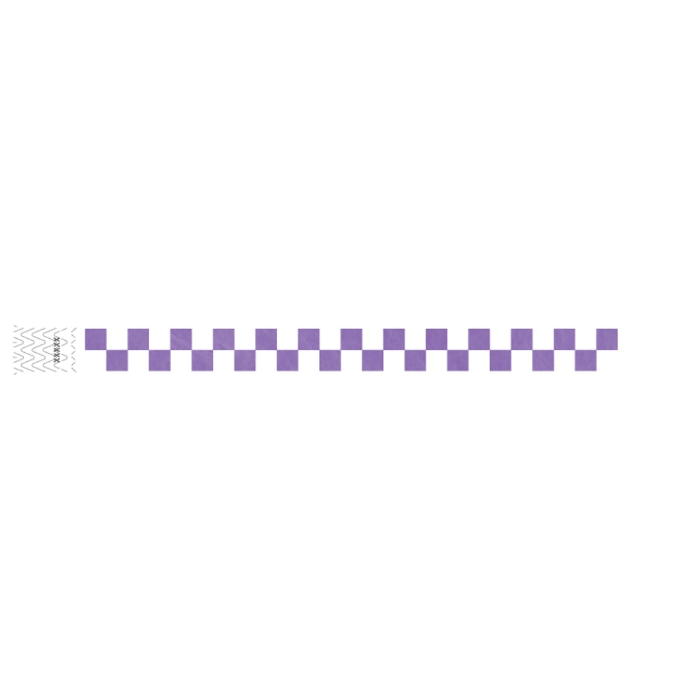 White tyvek wristband with purple checkerboard pattern - flat version shown