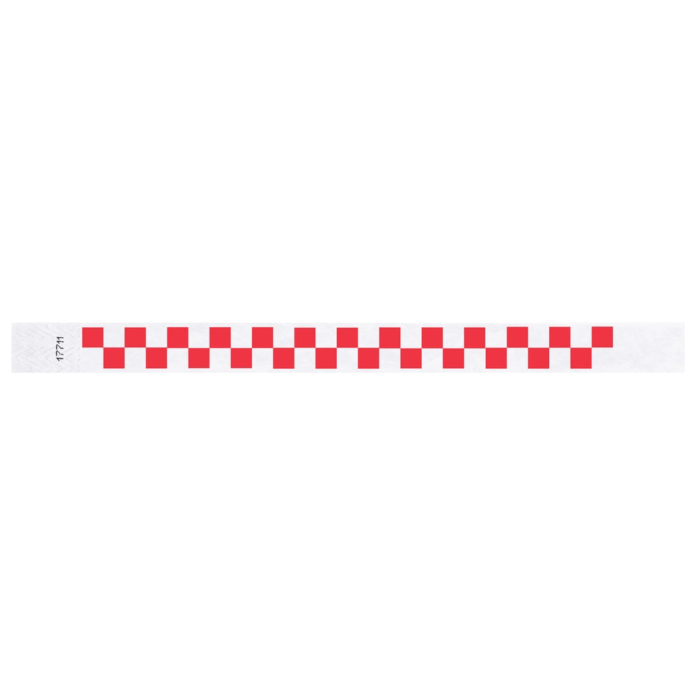 White tyvek wristband with neon red checkerboard pattern - flat version shown