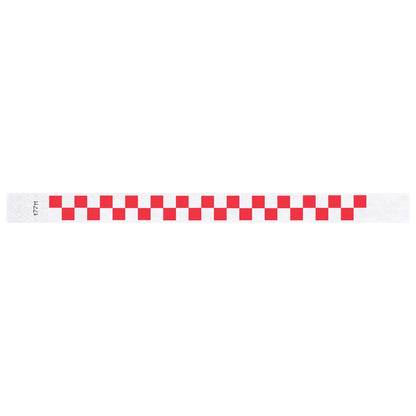 White tyvek wristband with neon red checkerboard pattern - flat version shown