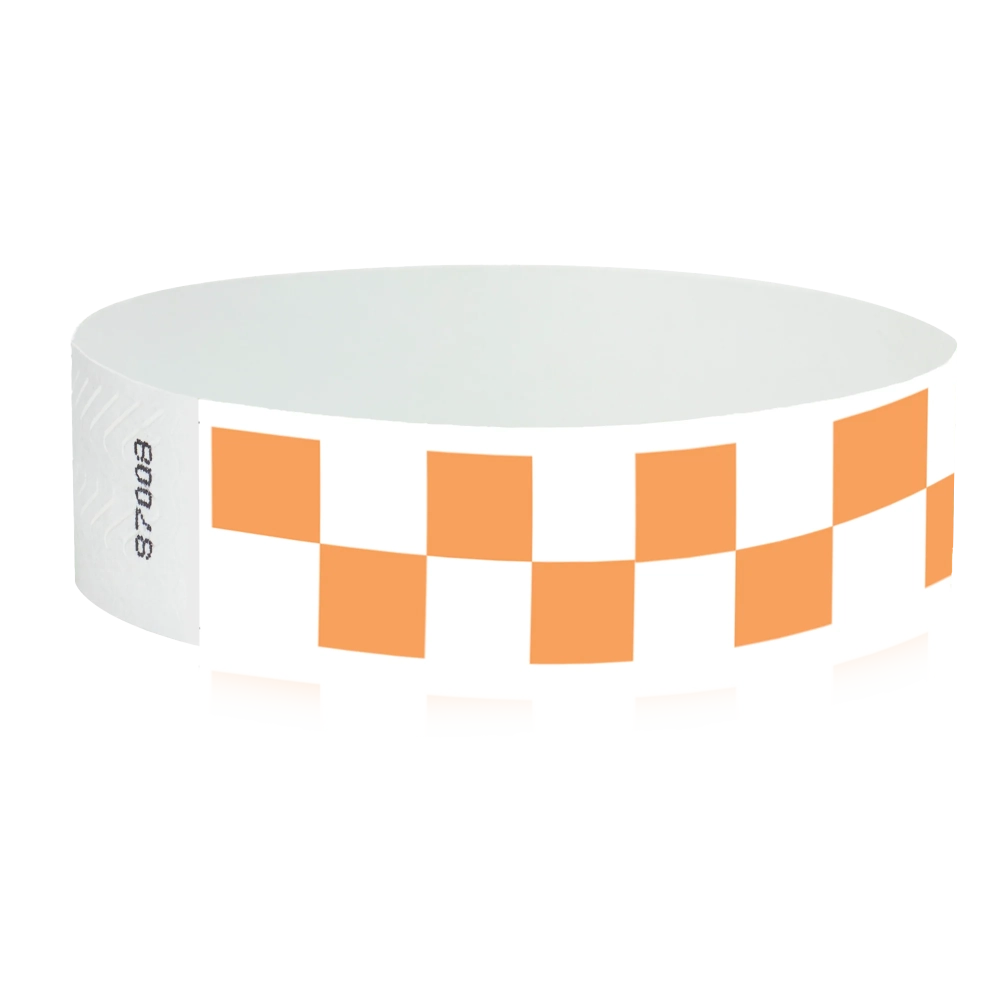 White tyvek wristband with neon orange  checkerboard pattern - round version shown