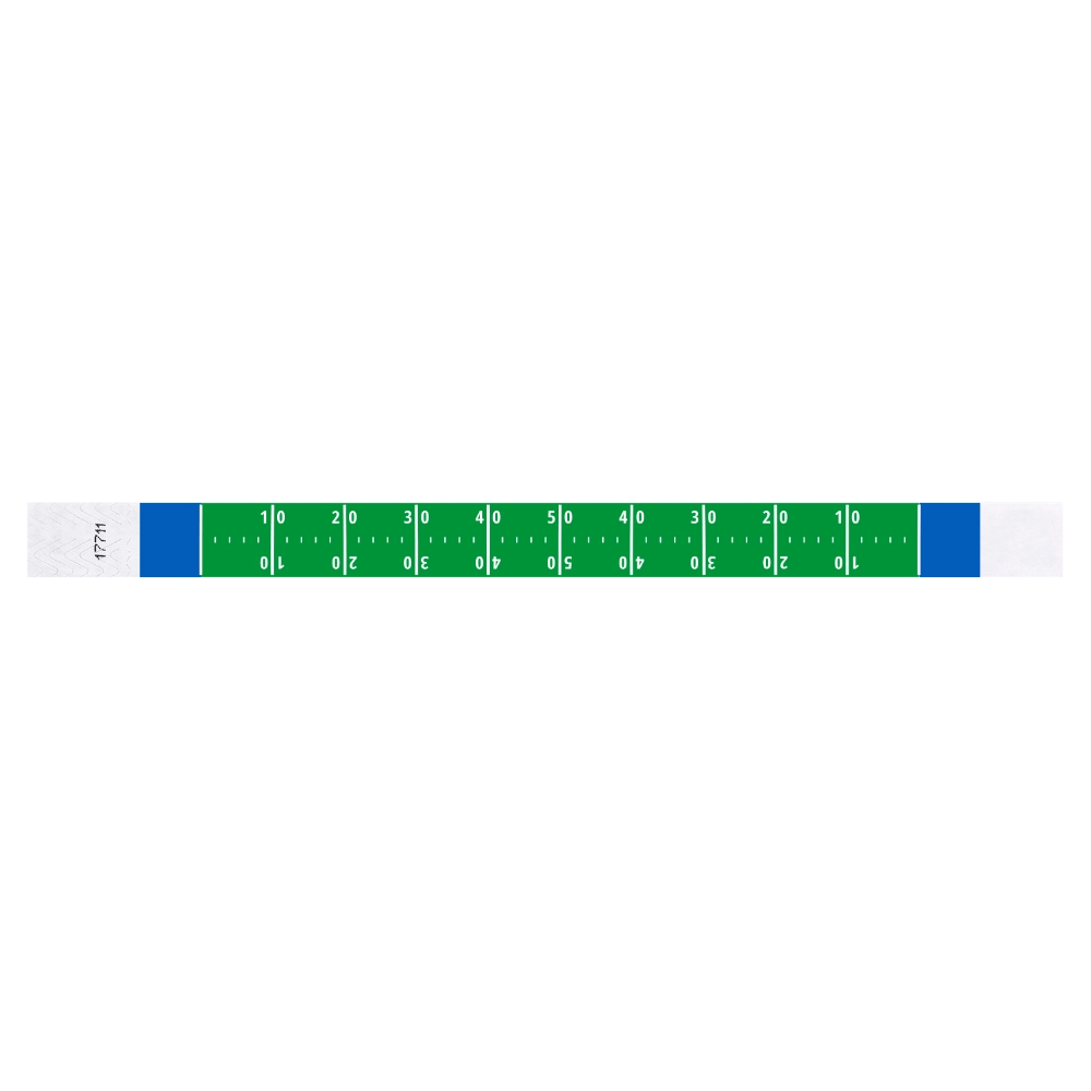 tyvek 3/4" kelly green wristband with blue borders and white football field pattern