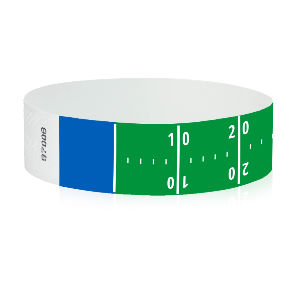 tyvek 3/4" kelly green wristband with blue borders and white football field pattern